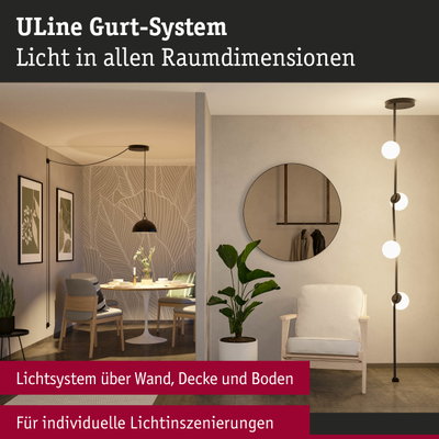 Modernes Wohnzimmer mit ULine Gurt-System Licht in warmweißer Farbe für individuelle Lichtinszenierungen