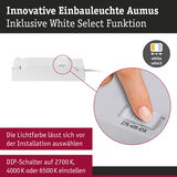 Innovative weiße Einbauleuchte Aumus mit White Select Funktion und einstellbarem DIP-Schalter für Lichtfarbe