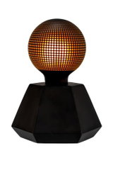 Modern table lamp with black geometric base and orange glowing metal sphere, decorative lighting design.