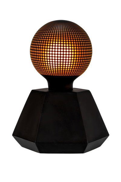 Modern table lamp with black geometric base and orange glowing metal sphere, decorative lighting design.