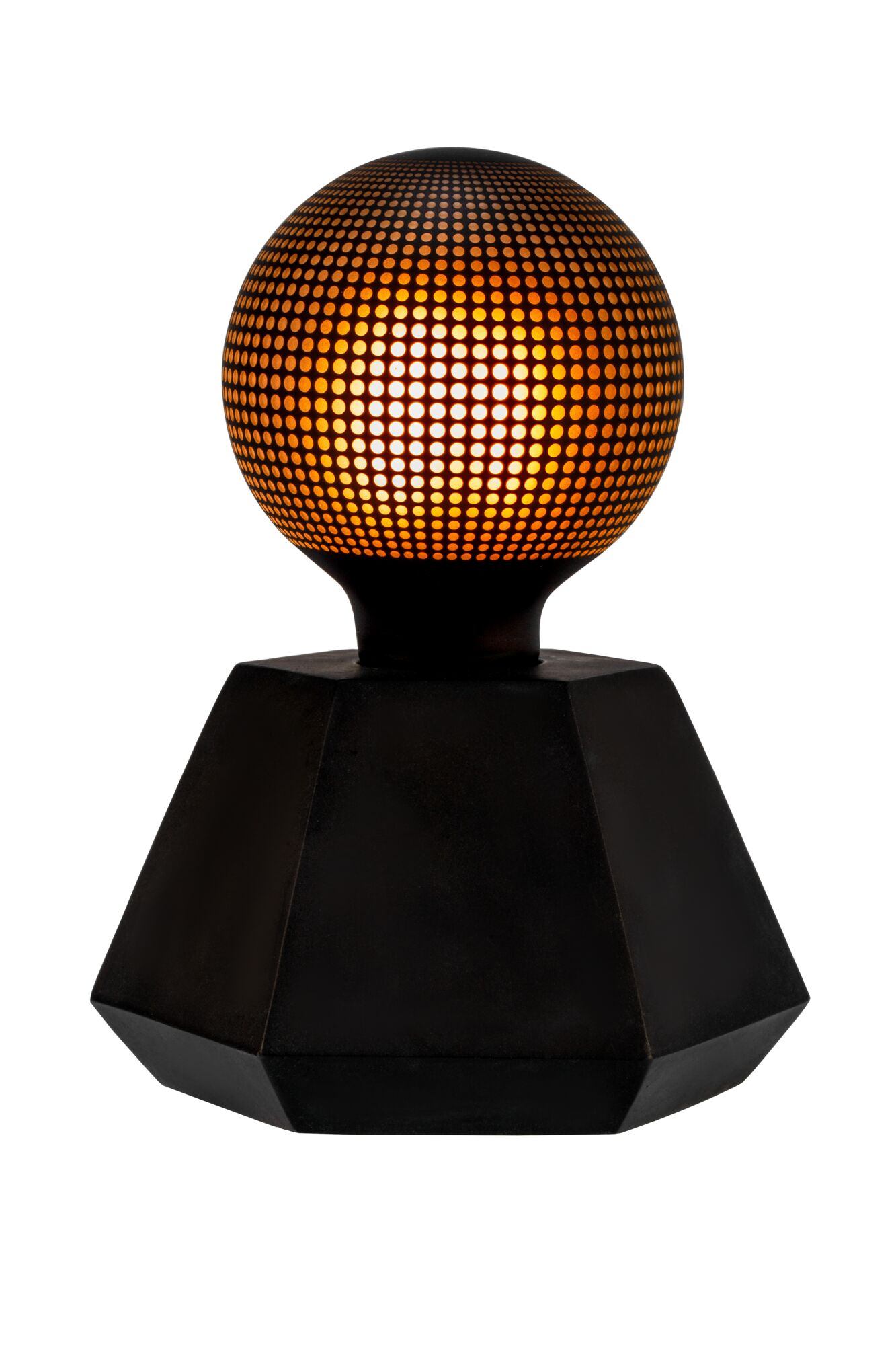 Black table lamp with spherical perforated shade glowing warm orange, modern decorative lighting