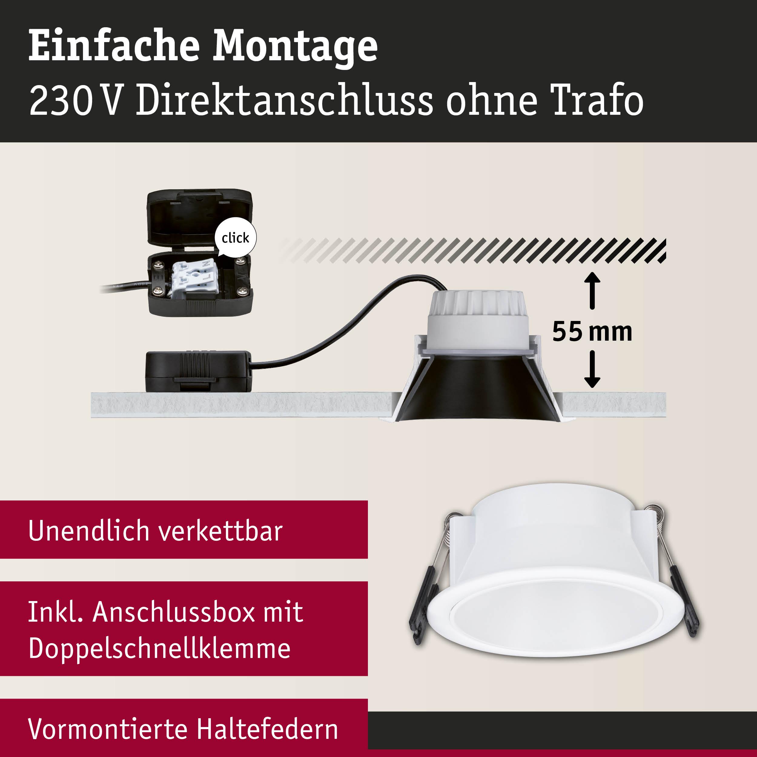 Weißer LED-Einbaustrahler mit 55 mm Einbautiefe und Anschlussbox für 230V Direktanschluss ohne Trafo