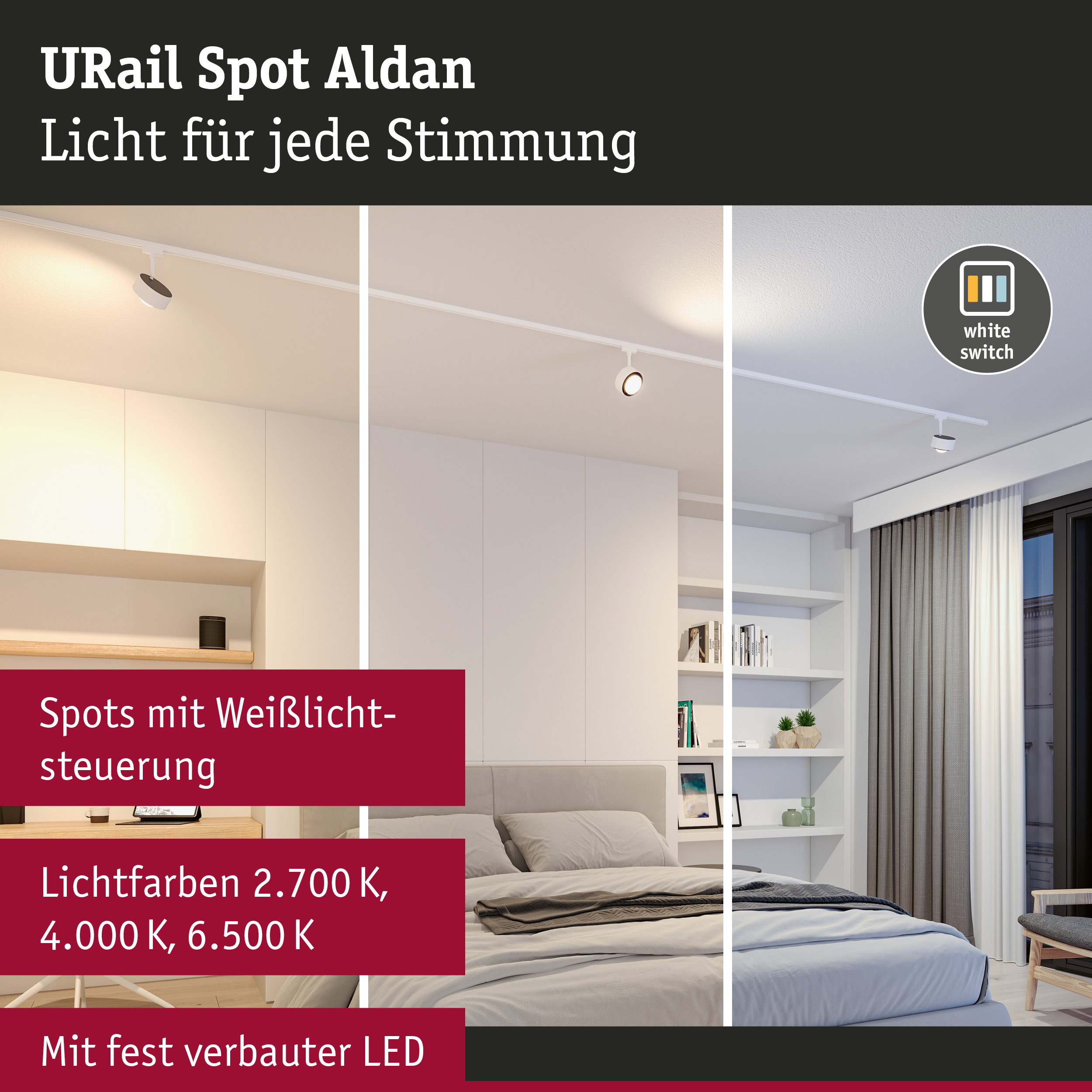 URail Spot Aldan weiße LED-Deckenleuchte mit Weißlichtsteuerung für Wohnräume