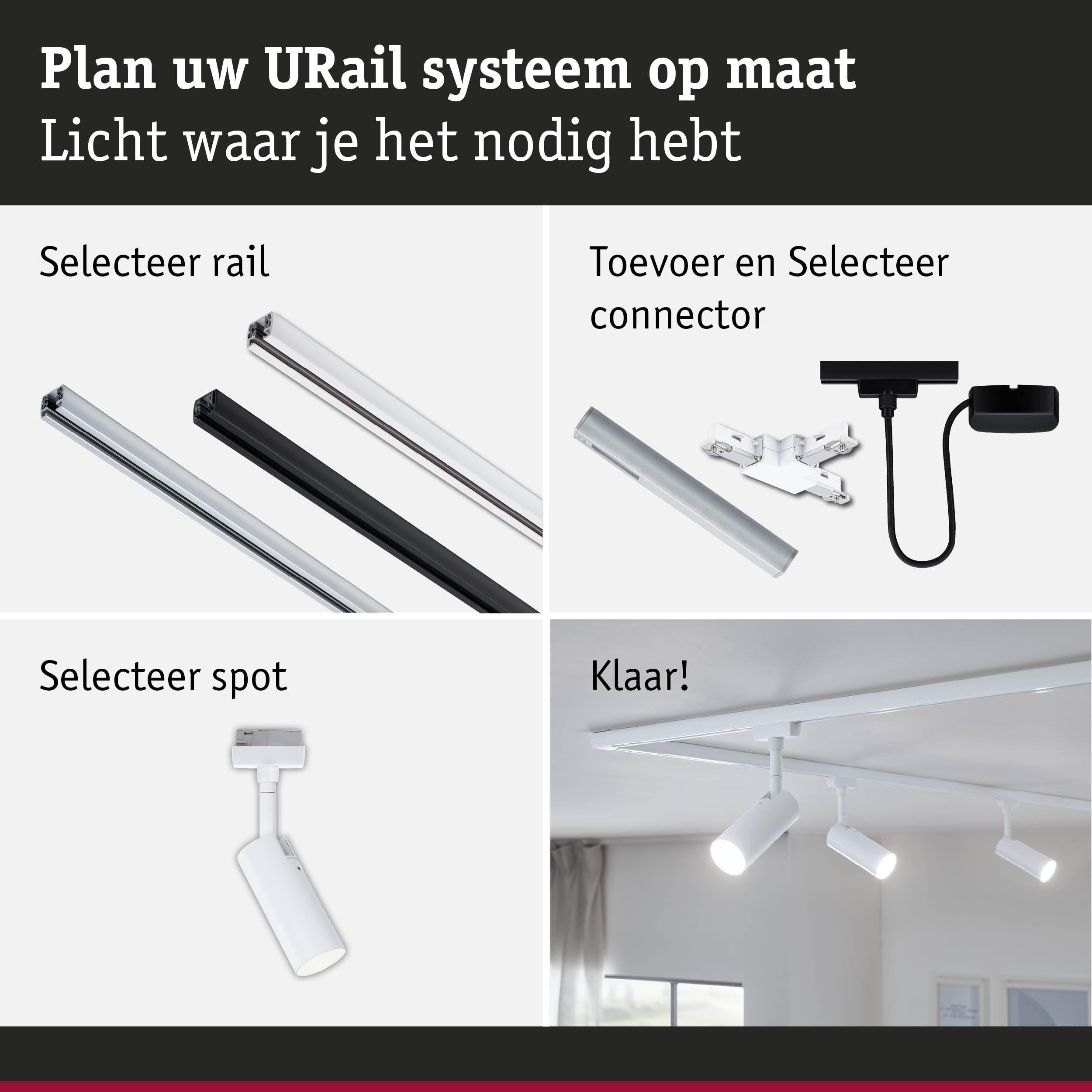Modulair URail railsysteem met aluminium rails en witte LED-spots voor flexibele verlichting