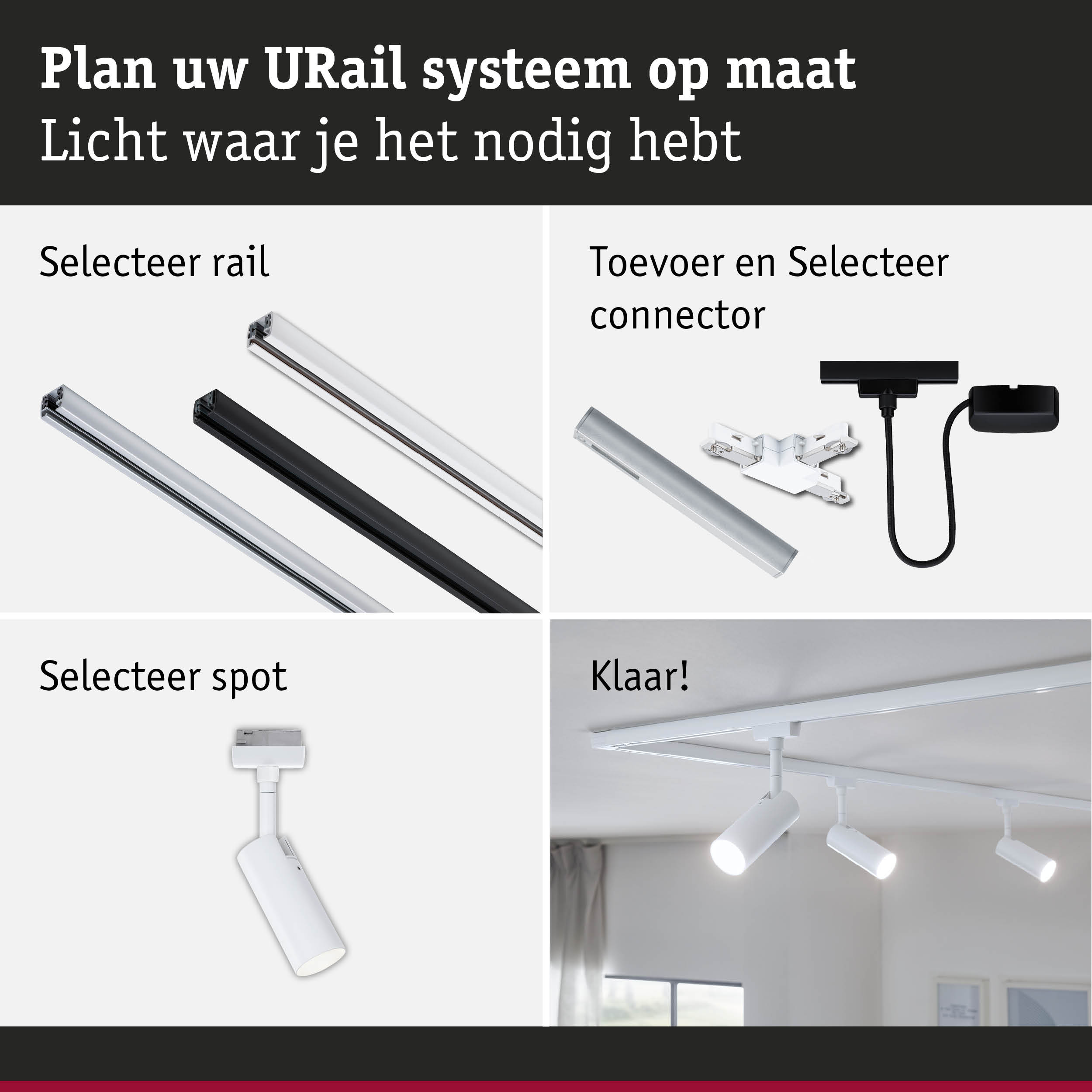 Modulair URail railsysteem met witte en zwarte rails en spots voor flexibele kamerverlichting