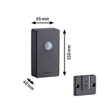 Black plastic motion sensor measuring 150x65x40 mm for lighting control