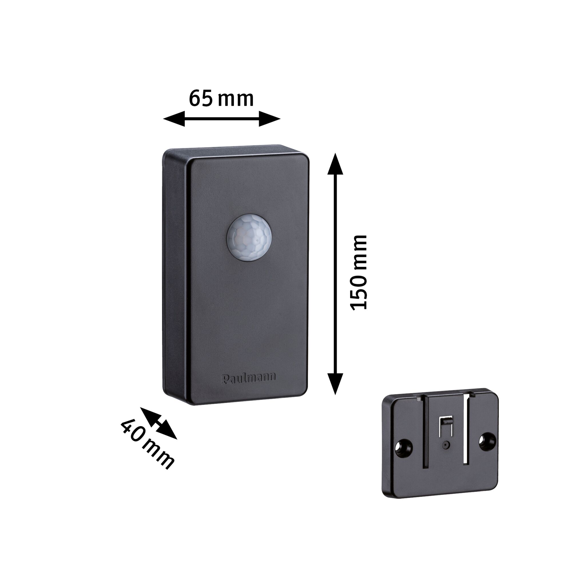 Black plastic motion sensor measuring 150x65x40 mm for lighting control