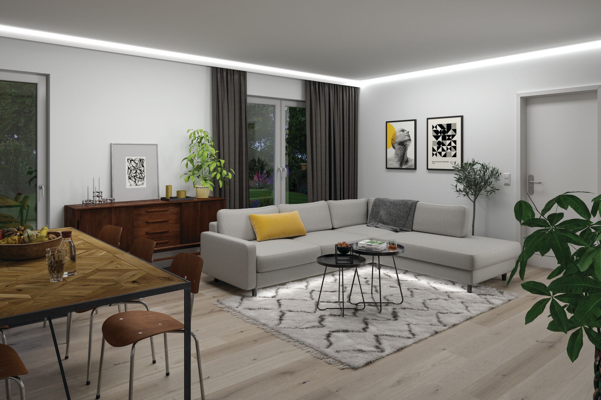 Moderne woonkamer met grijze hoekbank, licht vloerkleed en indirecte LED-plafondverlichting voor een gezellige sfeer