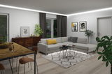 Moderne woonkamer met grijze hoekbank, licht vloerkleed en indirecte LED-plafondverlichting voor een gezellige sfeer