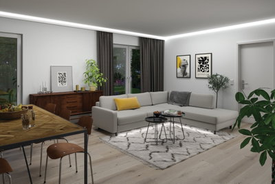 Modernes Wohnzimmer mit grauem Ecksofa, hellem Teppich und indirekter LED-Deckenbeleuchtung für gemütliche Atmosphäre