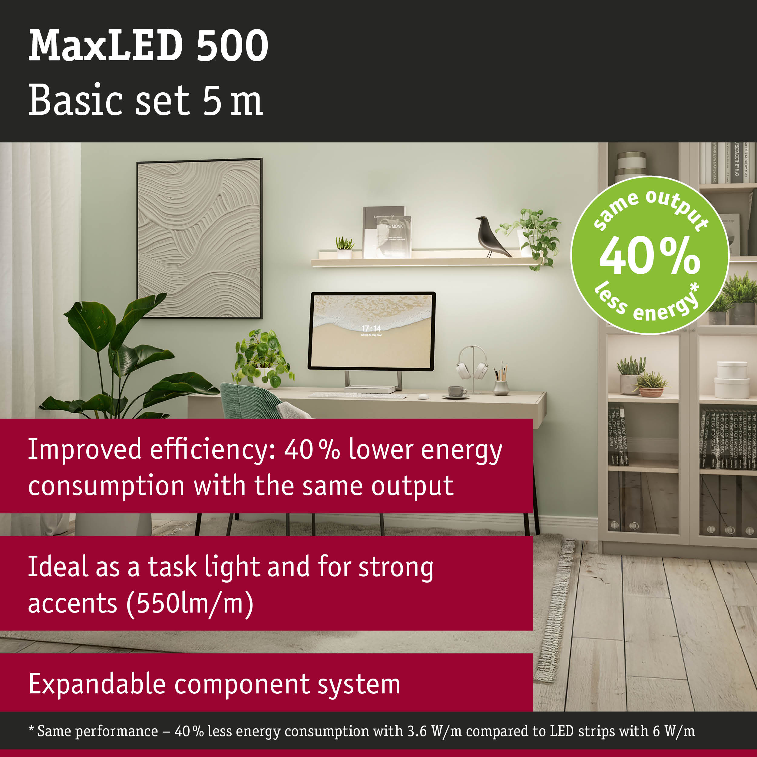 MaxLED 500 5m LED strip with 40% less energy consumption for efficient room lighting