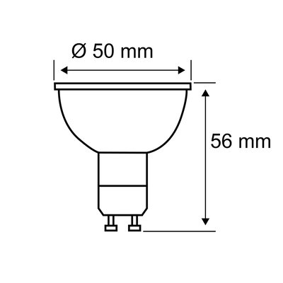 Teknisk tegning af en GU10 LED-pære med 50 mm diameter og 56 mm højde, belysningskomponent