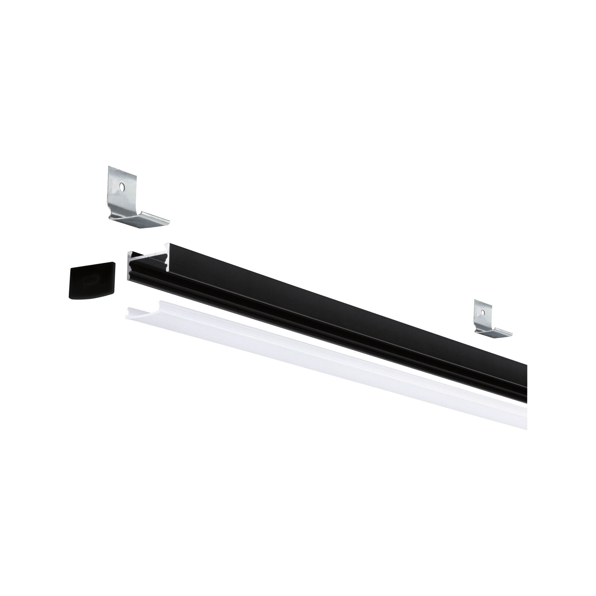 Black aluminum LED profile with white diffuser and mounting clips for LED strip lighting