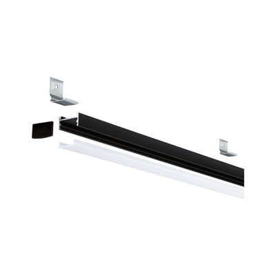 Black aluminum LED profile with white diffuser and mounting clips for LED strip lighting