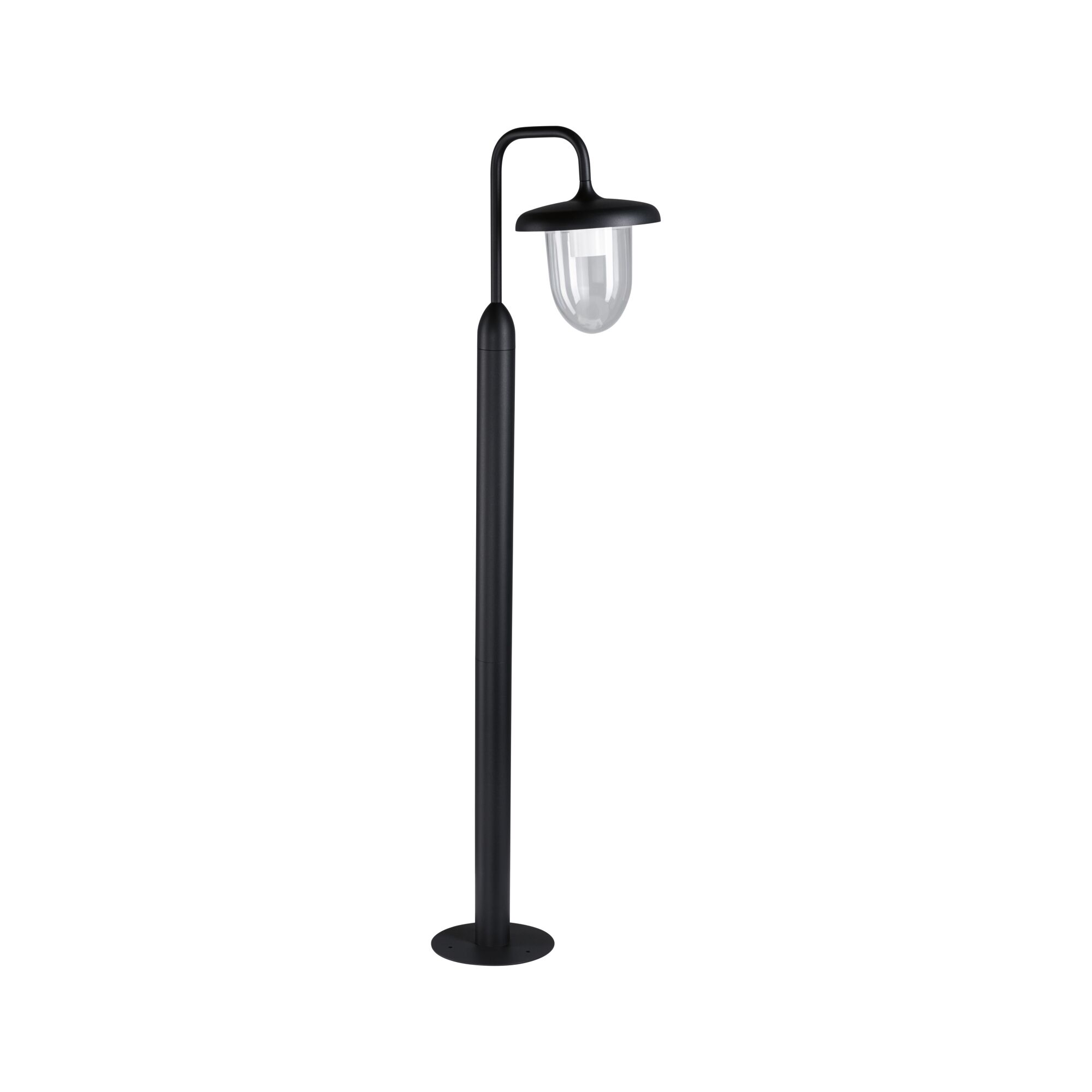 Black outdoor metal lamp with clear glass and round shade for garden lighting