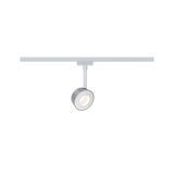 Modern round LED spotlight in silver and white on white track for flexible lighting