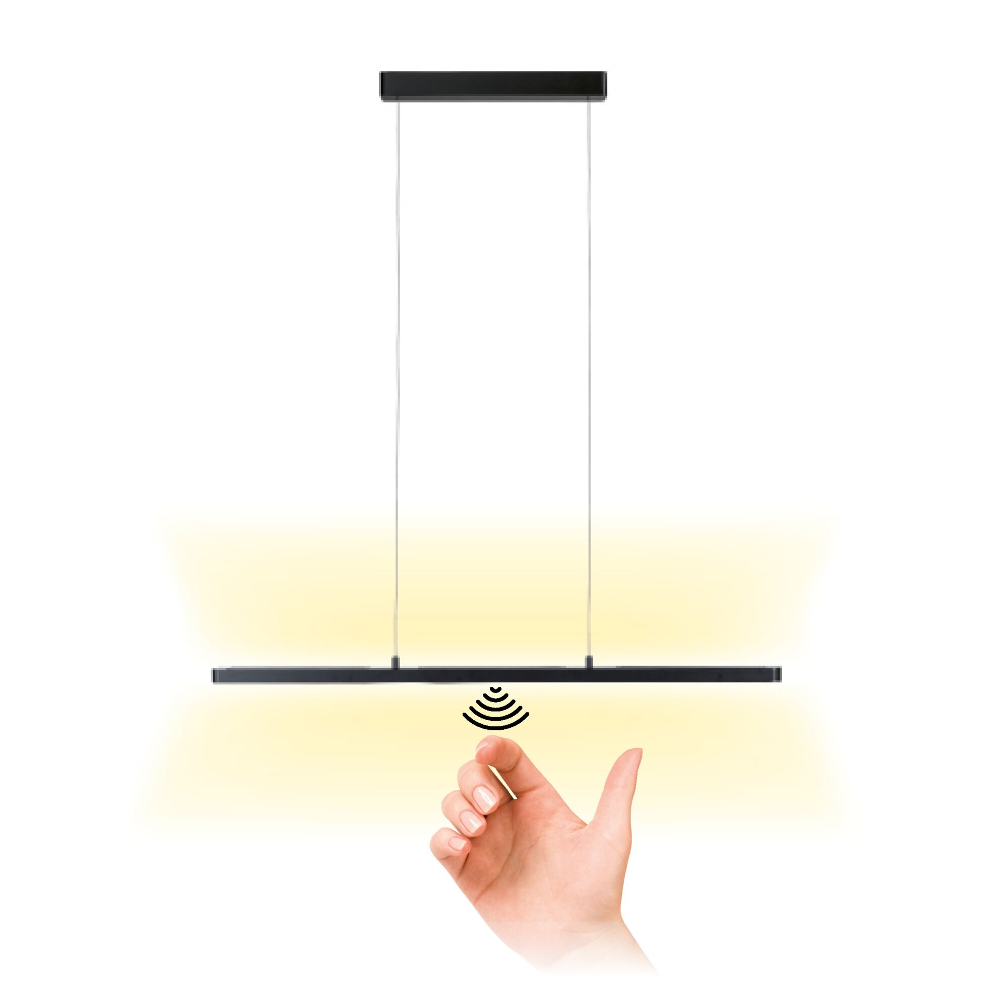 Zwarte metalen LED-hanglamp met warm wit licht en touch dimmer voor moderne interieurs