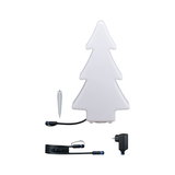 White LED Christmas tree made of plastic with ground spike and cable for outdoor lighting.