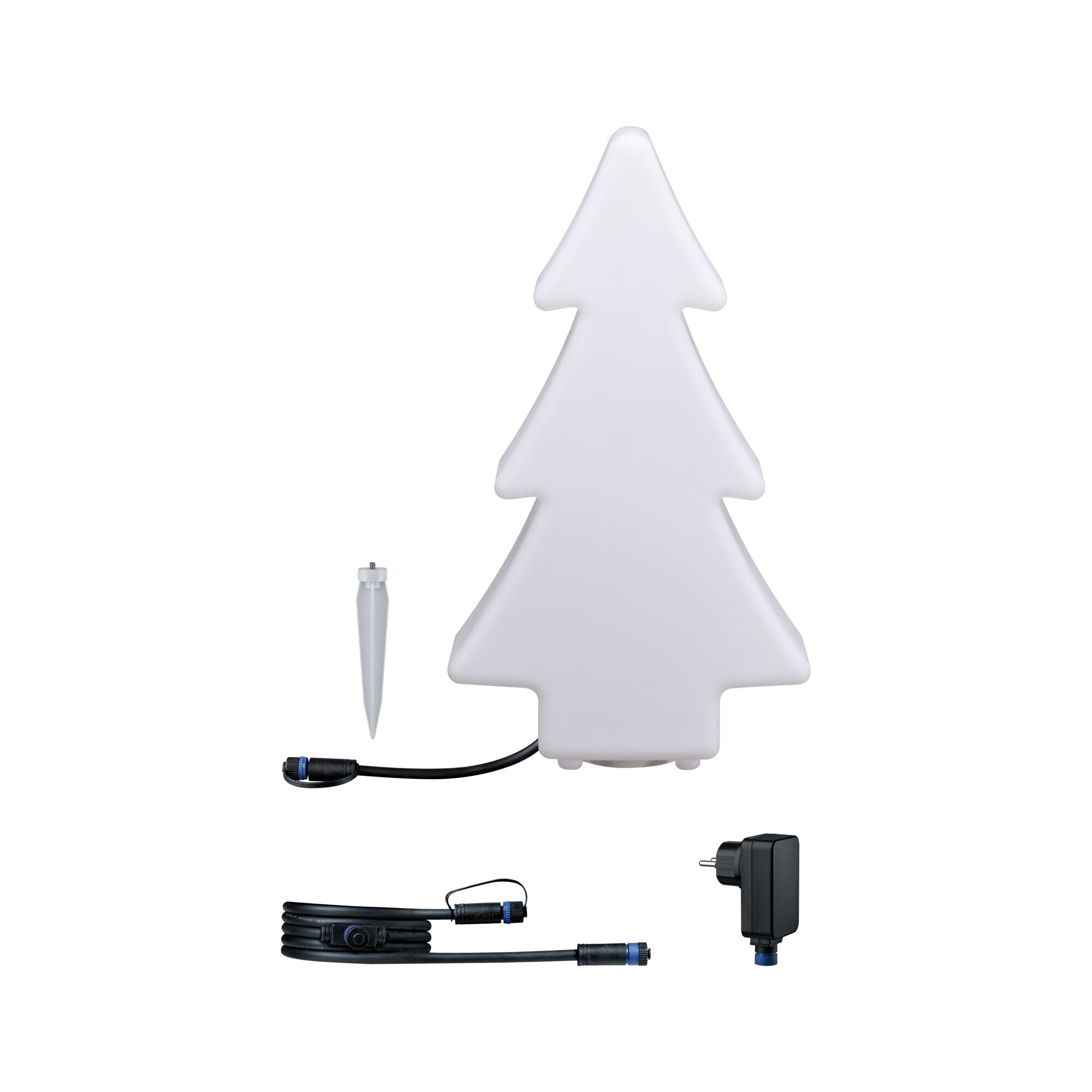 Weißer LED-Weihnachtsbaum aus Kunststoff mit Erdspieß und Anschlusskabel für Außenbeleuchtung.