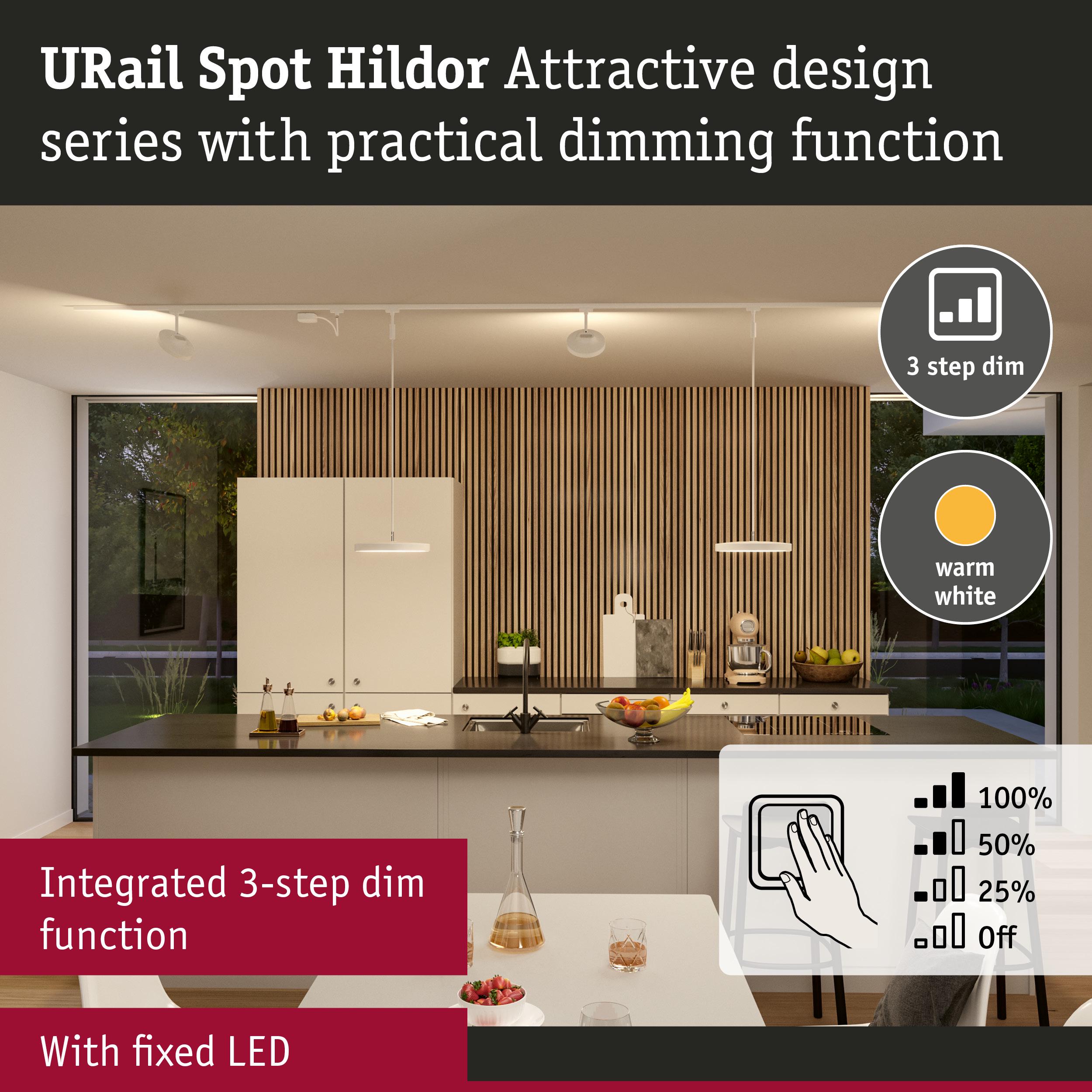 Modern kitchen featuring URail Spot Hildor fixed LED lights in warm white with integrated 3-step dimming