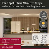 Modern kitchen featuring URail Spot Hildor fixed LED lights in warm white with integrated 3-step dimming