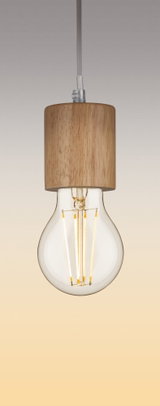 Pendant lamp with wooden socket and clear LED bulb providing warm light for modern interiors