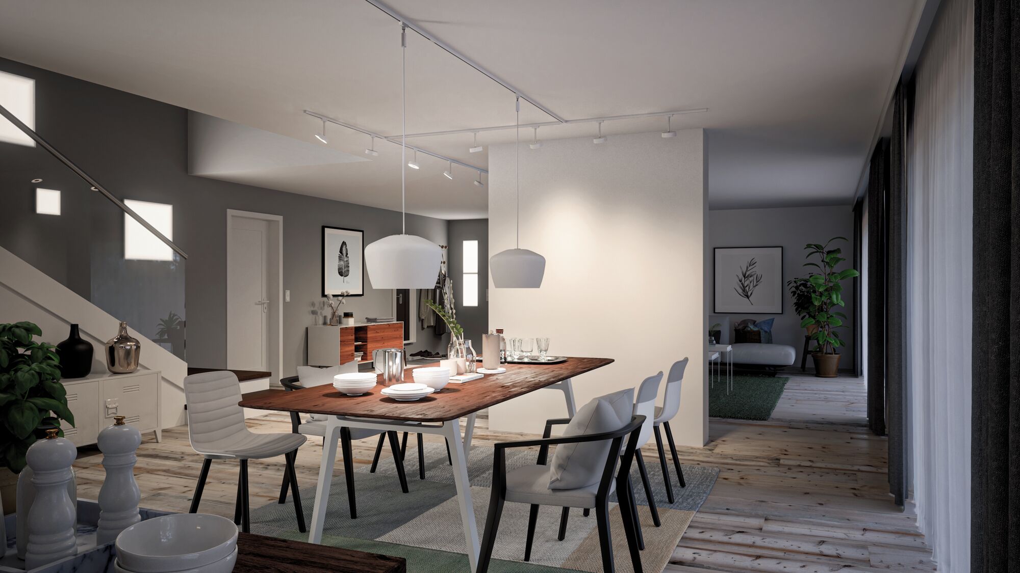 Moderne eetkamer met houten tafel, witte stoelen en minimalistische hanglampen voor woonruimteverlichting