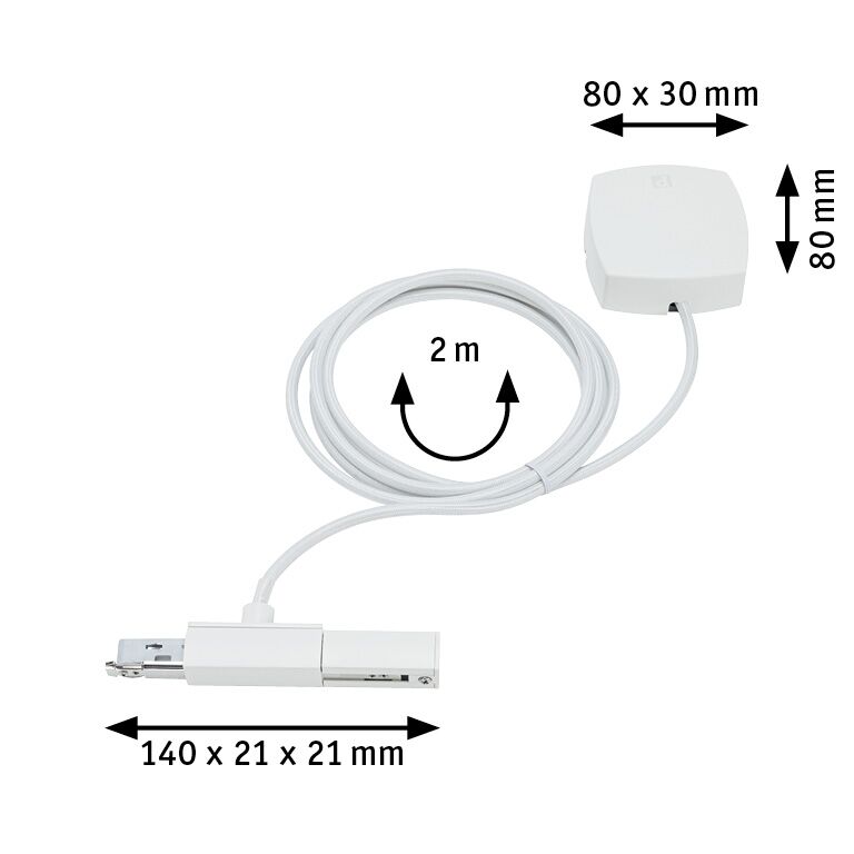 White 2-meter cable with two compact housings and dimensions for LED lighting systems.