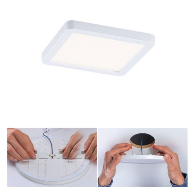 Weißes quadratisches LED-Deckenpanel aus Kunststoff mit Montageanleitung und Installation an der Decke