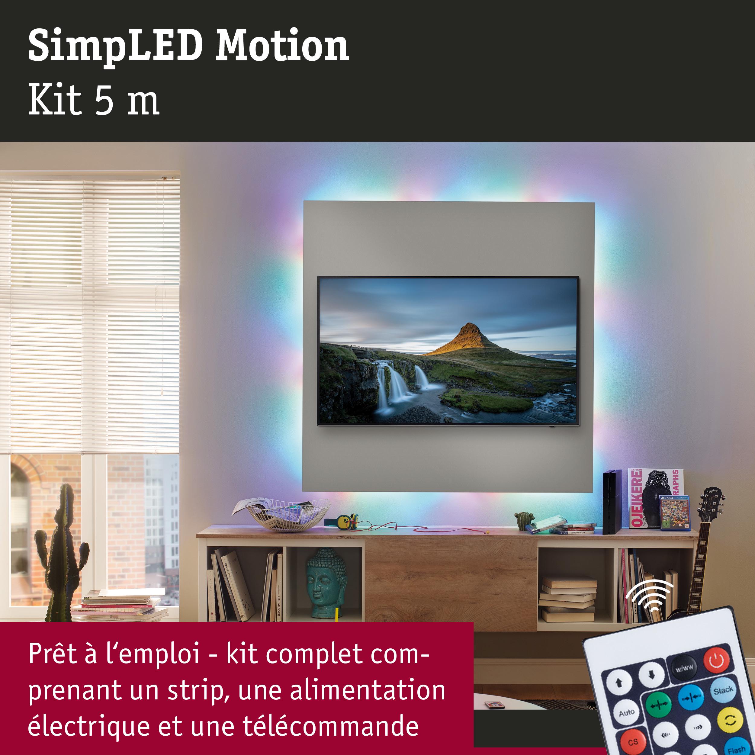 Kit SimpLED Motion 5 m avec télécommande, éclairage LED coloré pour mur TV moderne.