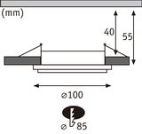 Technische Zeichnung eines Einbauleuchtensystems mit 100 mm Durchmesser und 55 mm Einbautiefe