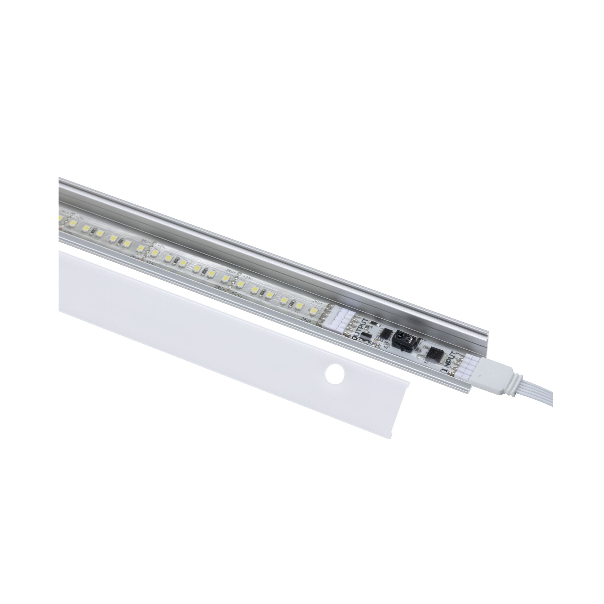 Aluminium LED-lichtstrip met witte diffuser en zichtbare LED-chips voor moderne verlichting.
