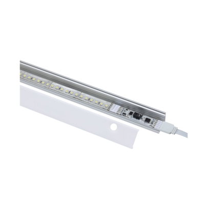 Aluminum LED light strip with white diffuser and visible LED chips for modern lighting solutions.