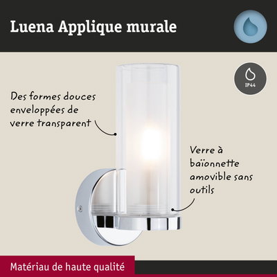 Applique murale Luena en verre transparent avec support chromé, indice IP44 pour salle de bain