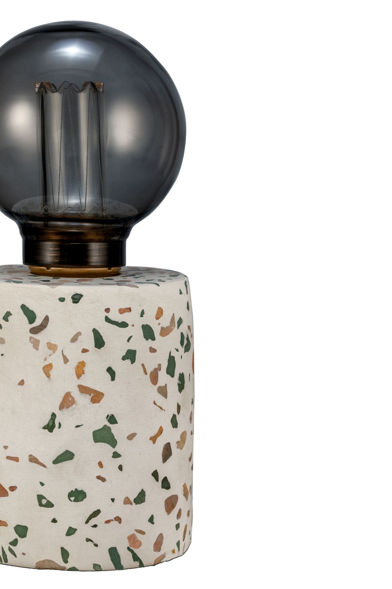 Table lamp with white terrazzo base featuring colored chips and black glass bulb, modern lighting design