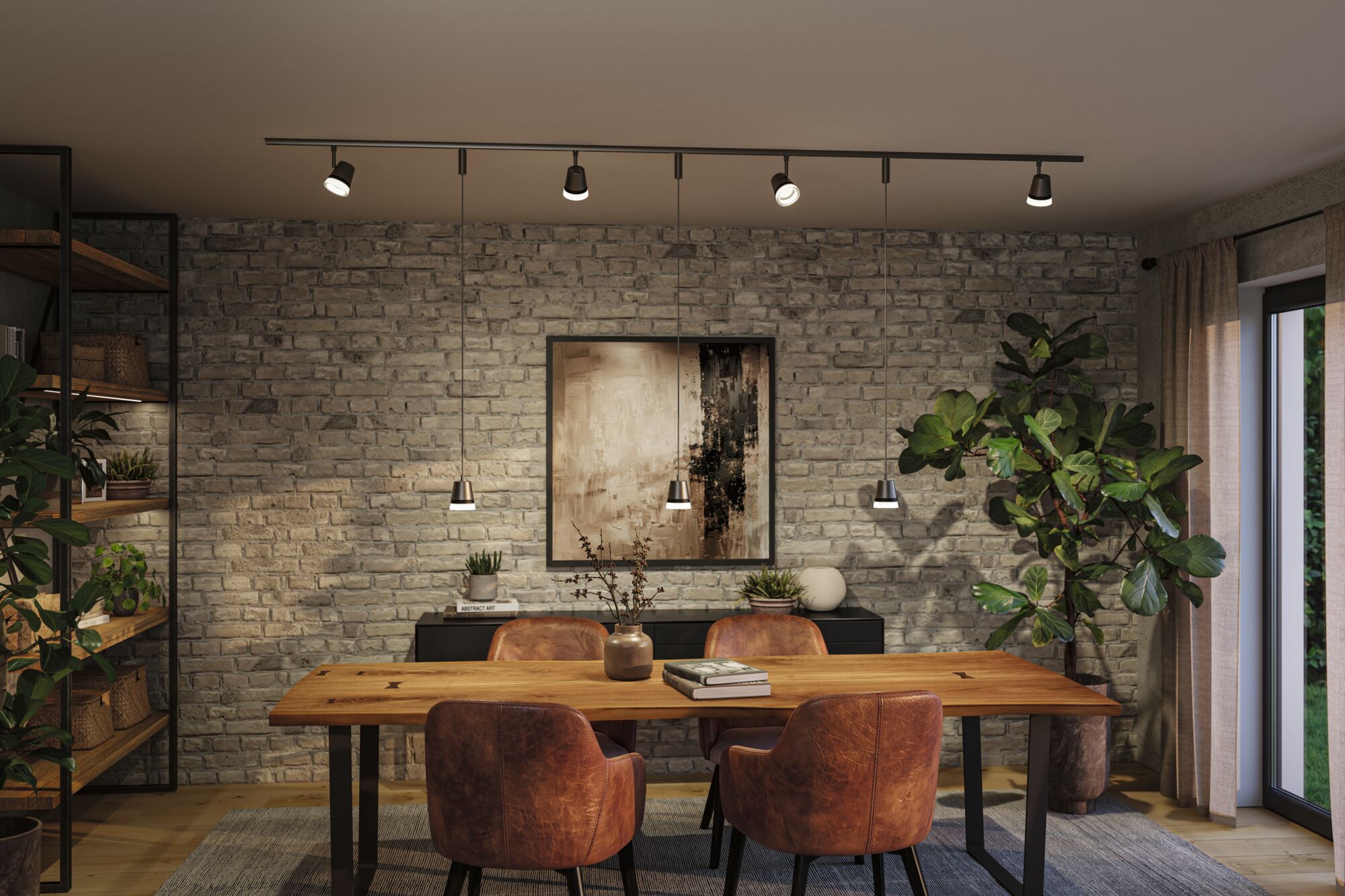 Zwarte LED-plafondspots en hanglampen in moderne eetkamer met bakstenen muur en houten tafel