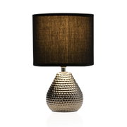 Table lamp with black fabric shade and gold textured ceramic base for stylish home lighting