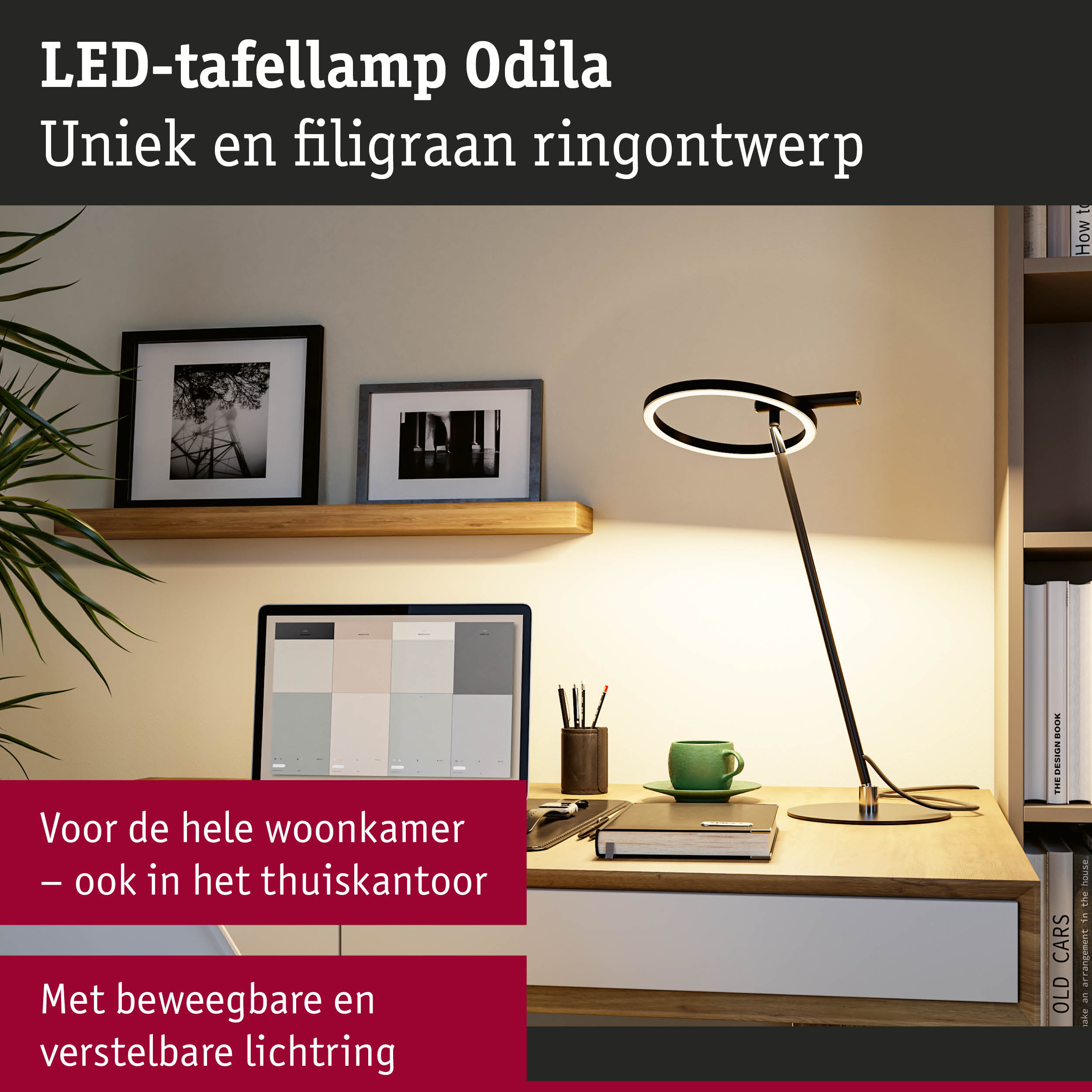Zwarte LED-tafellamp Odila met ringvormige lichtbron op lichte bureau in thuiskantoor