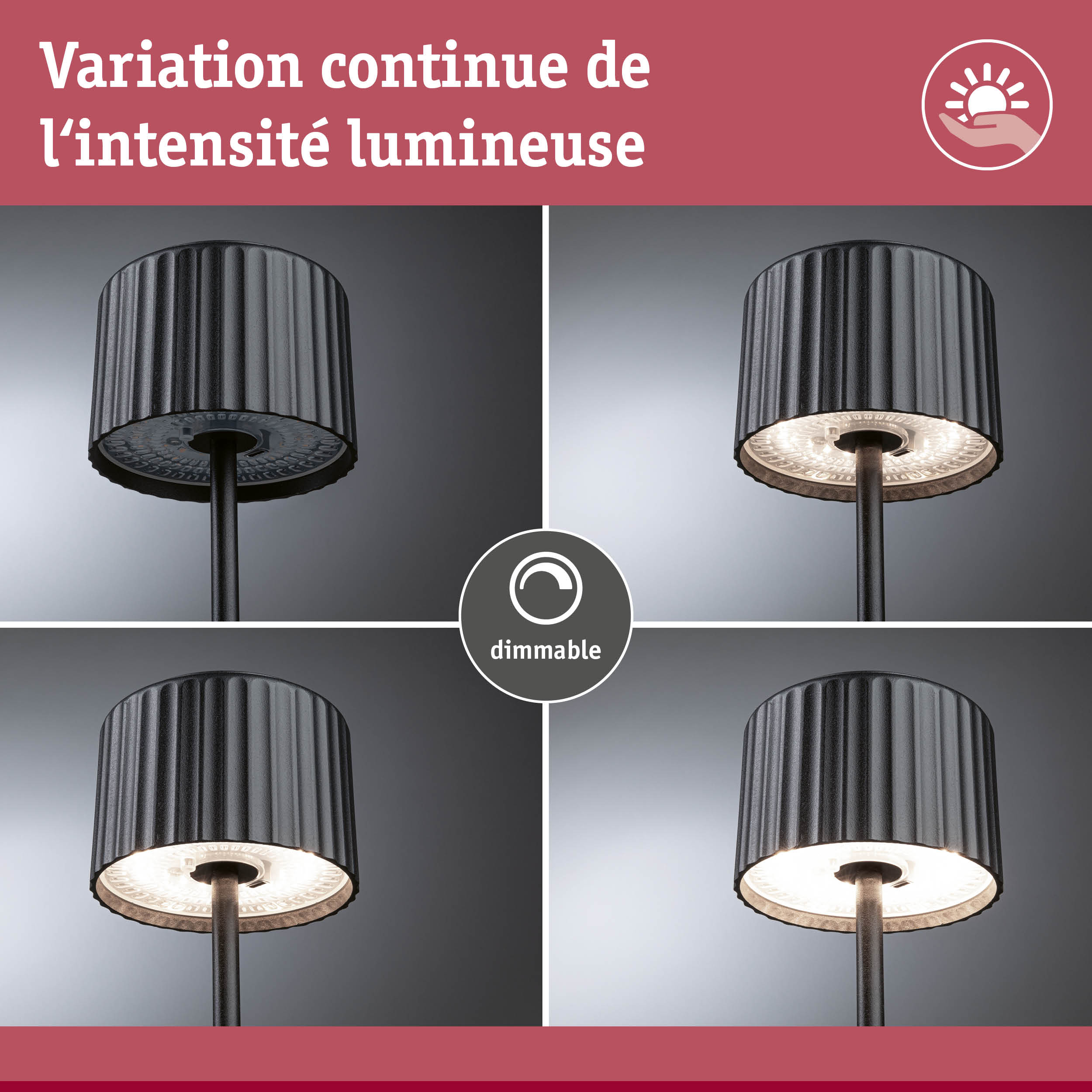 Lampe LED extérieure noire dimmable avec boîtier métallique cannelé et intensité lumineuse variable
