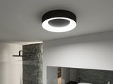 Plafonnier rond en métal noir avec anneau LED lumineux dans une salle de bain moderne.