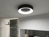 Runde Deckenleuchte mit schwarzem Metallgehäuse und hellem LED-Ring in modernem Badezimmer.