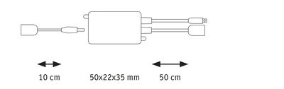 Technische tekening van een elektrische adapter met kabels en afmetingen 50x22x35 mm, 10 cm en 50 cm lengte.
