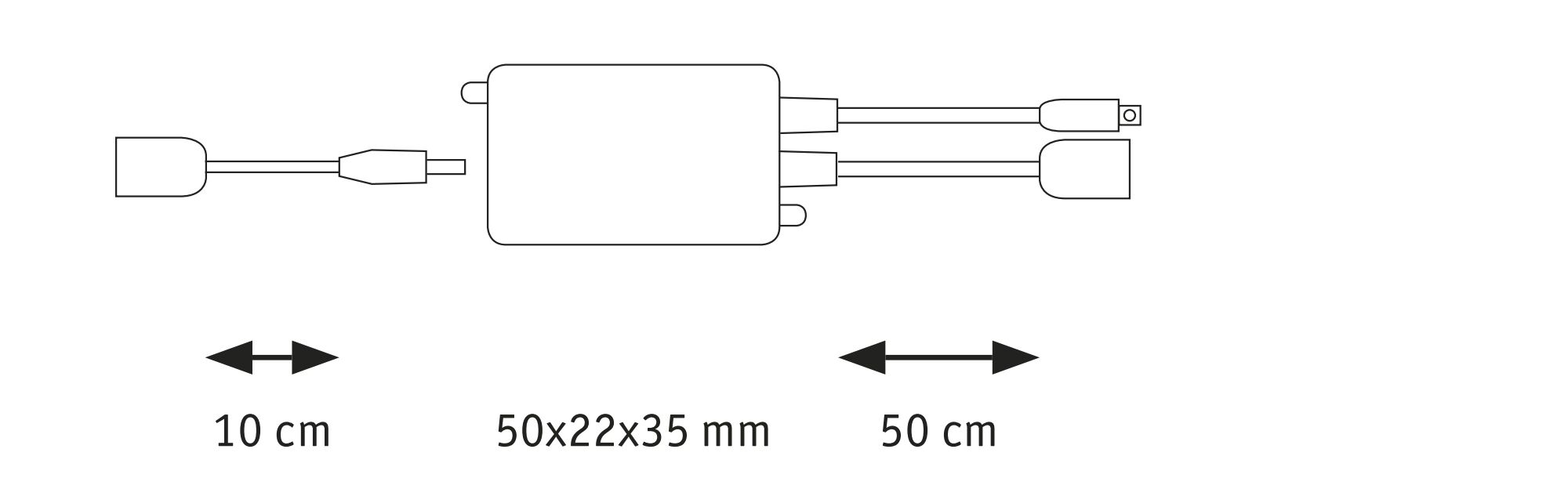 Teknisk tegning af en elektrisk adapter med kabler og mål 50x22x35 mm, 10 cm og 50 cm længde.
