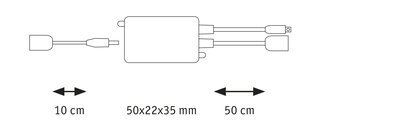 Teknisk tegning af en elektrisk adapter med kabler og mål 50x22x35 mm, 10 cm og 50 cm længde.