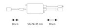 Technical drawing of an electrical adapter with cables showing dimensions 50x22x35 mm, 10 cm and 50 cm length.