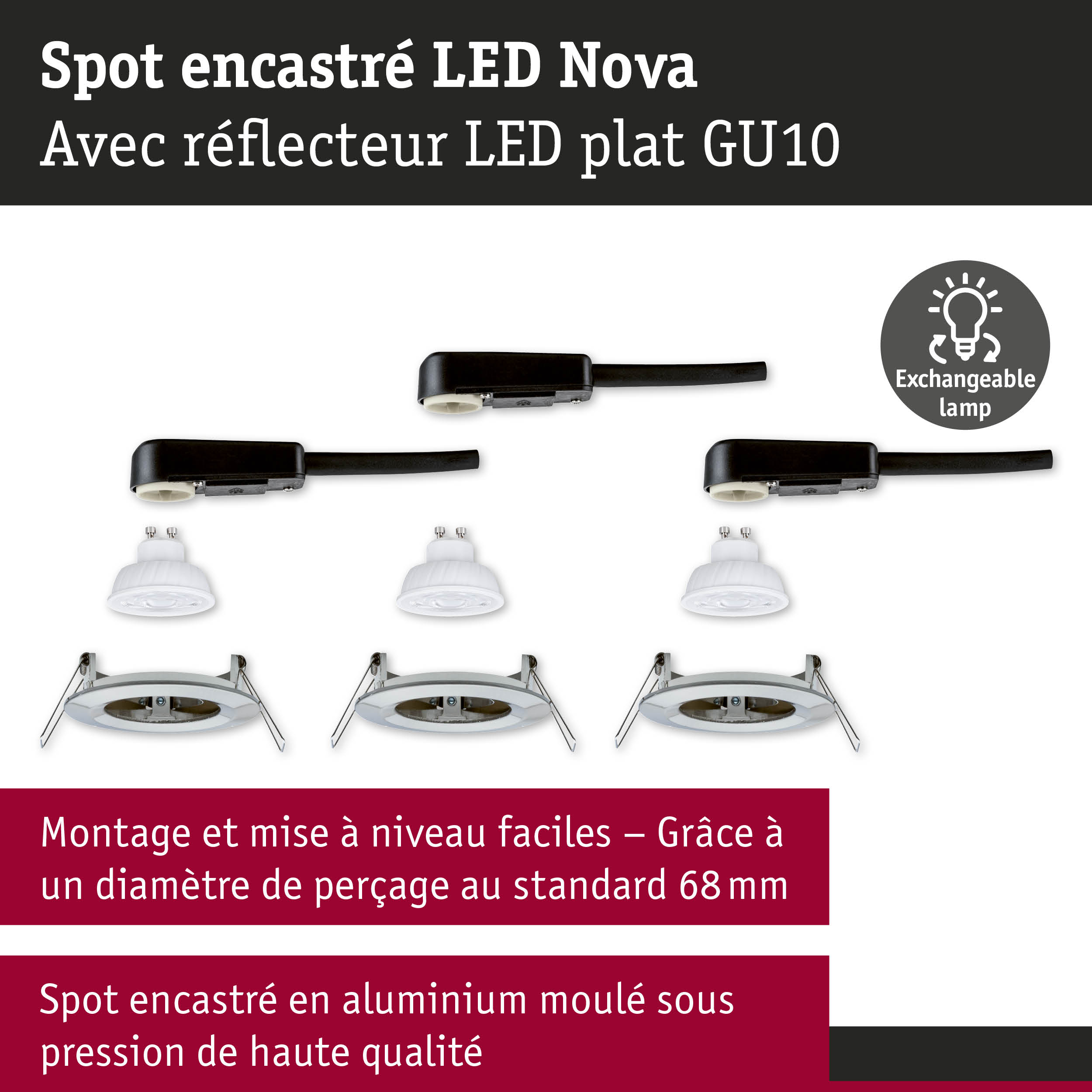 Spot encastré LED Nova avec réflecteur LED plat GU10 et câble de connexion noir
