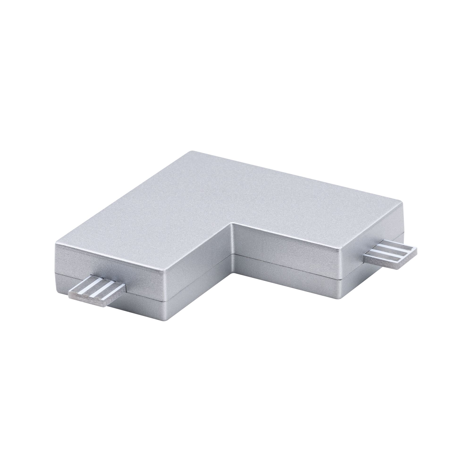 Silver L-shaped aluminum connector for LED track lighting with two plug-in ends