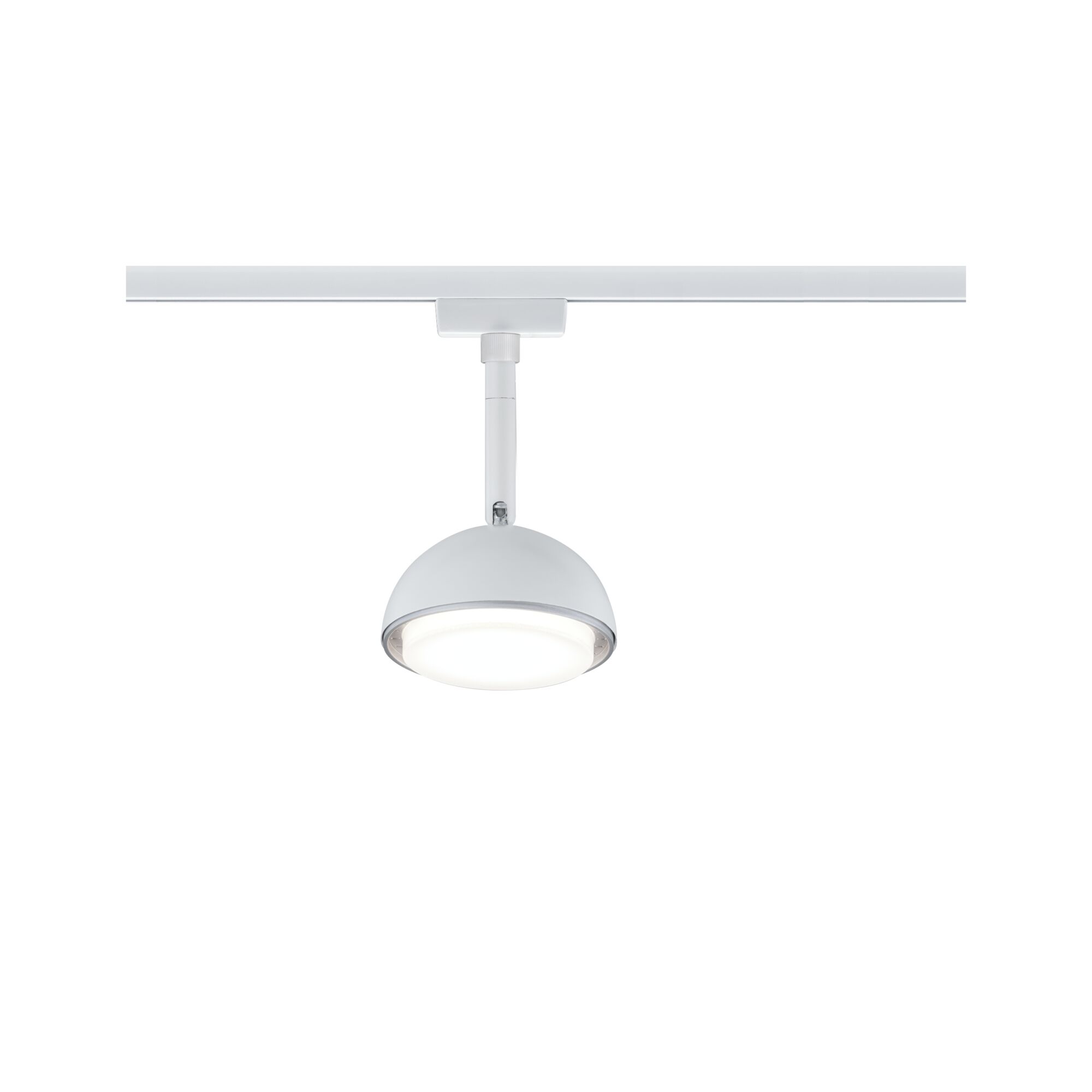 Moderne witte LED-spot met ronde lamp en railsysteem voor flexibele verlichting