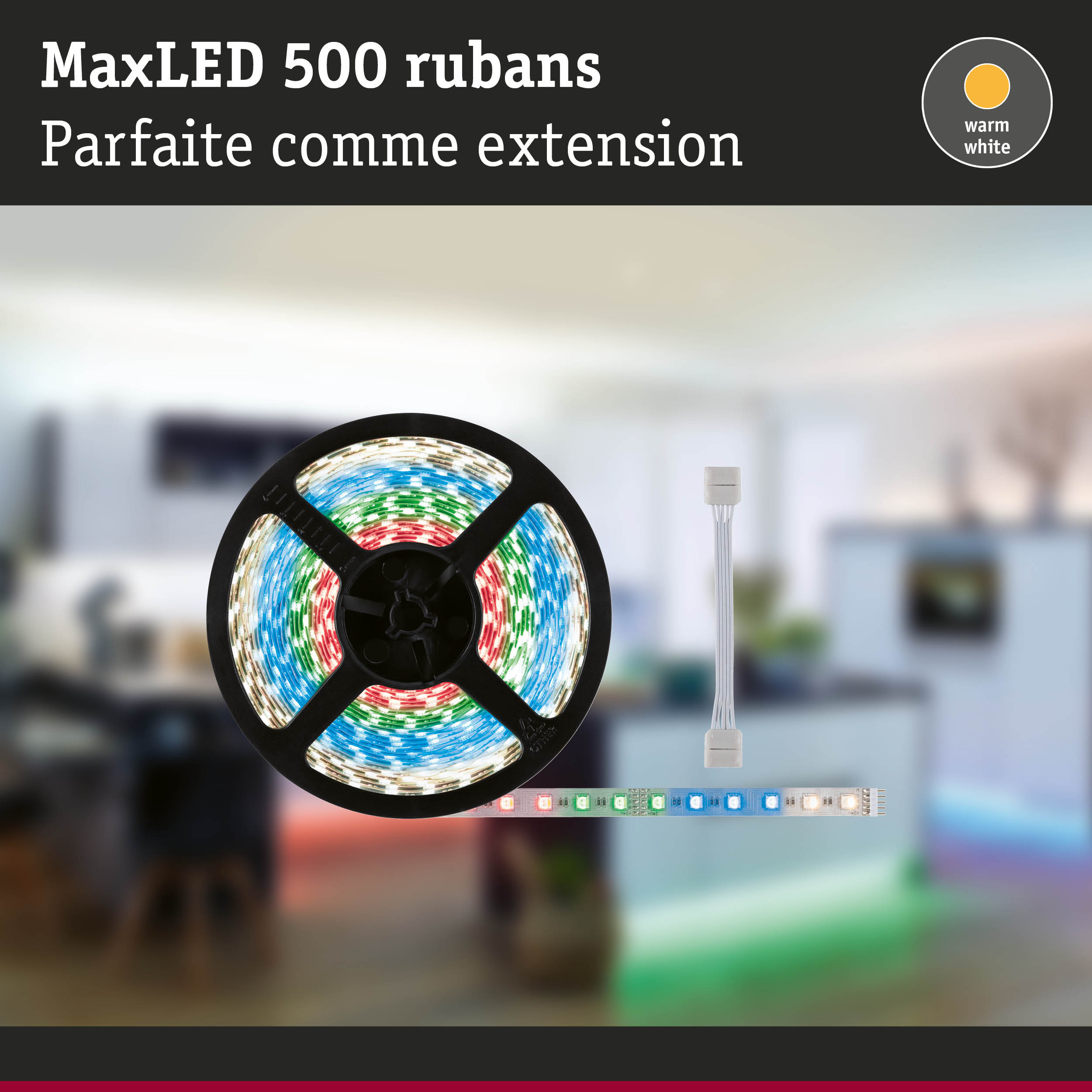 Ruban LED MaxLED 500 blanc chaud avec LEDs multicolores sur bobine noire pour éclairage flexible
