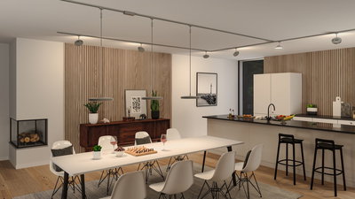 Modernes Esszimmer mit weißem Tisch, schwarzen Stühlen und Paulmann LED-Deckenleuchten in Holz- und Grautönen.